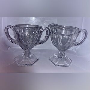 1982 Fostoria Virginia Pattern Clear Glass Hexagon Footed Sugar Bowl & Creamer